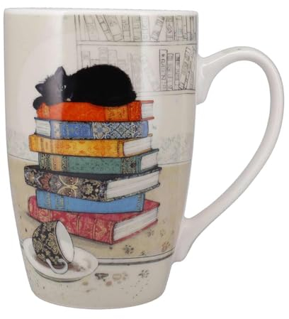 KIUB Très grand mug porcelaine arrondi - motif chat dormant sur des livres - hauteur 12CM - contenance 490ML - boite assortie