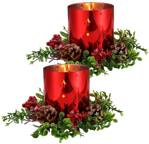 Sliner 4 Stück Weihnachts-Kerzenhalter aus Glas, 11,9 cm, 2 Stück Votivkerzenring mit Tannenzapfen und 2 Stück Weihnachtskerzenhalter, dekorativ für Tischdekoration