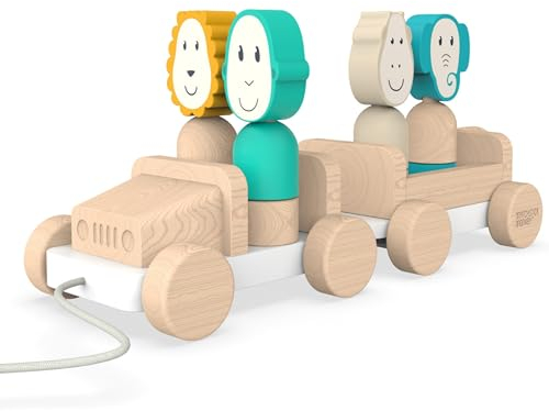 Matchstick Monkey Holzspielzeug Nachzieh-Jeep Safari mit abnehmbaren Teilen und Baumwollschnur - Löwe, AFFE, Giraffe, Elefant - fördert Feinmotorik für stundenlangen Spielspaß - ab 18 Monaten