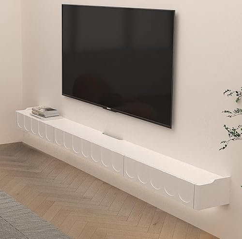 Pmnianhua Meuble TV bas à suspendre - Blanc brillant - Meuble TV suspendu avec 1 porte et 2 tiroirs - Centre de divertissement moderne - Grande armoire de rangement pour salon (165 cm)