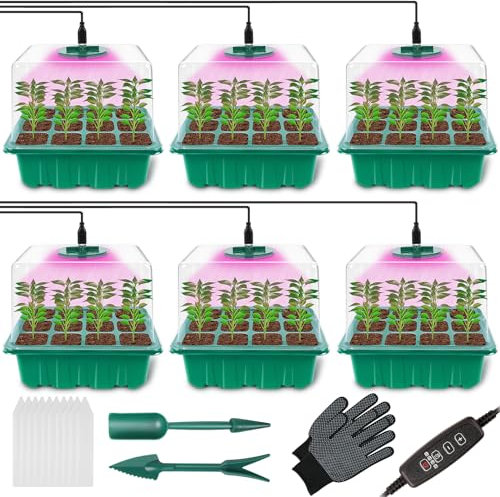 Flintronic Upgrade Seed Trays with Grow Light, 6 Pack 72 Cells, LED Full Spectrum, Timer Controller, Adjustable Brightness, Greenhouse Grow Plant Seed