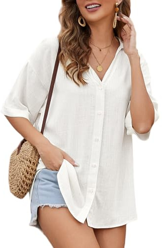 Niwicee Camicia Donna Estiva Camicetta da Donna Manica Corta Lino Elegante Blusa Maglietta con Scollo a V Copricostume da Bagno Sexy Copricostume-Bianca-M