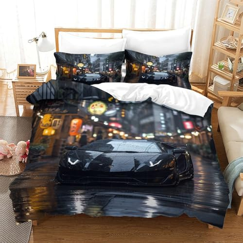 BEDPOCHY Sportwagen 3D-Druck Bettbezug Set Mit Reißverschluss Und Kissenbezug Weiche Mikrofaser Cool Bettwäsche Set 3-teilig Für Teenager Jungen Mädchen Single(140x200cm)