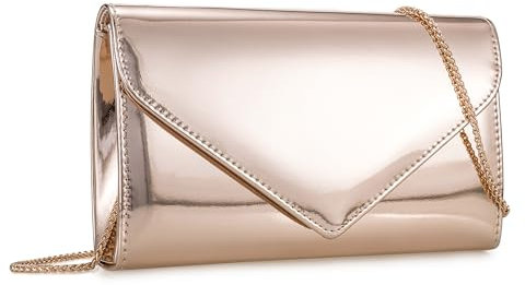 IXEBELLA Women’s Mirrored Metallic Faux Leather Evening Bag Glimmering Clutch Purse for Prom/Cocktail/Wedding/Party, Rose Gold, S