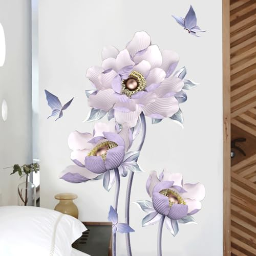 Runtoo Wandtattoo 3D Blumen Lila Wandsticker Lotus Blüten Wandaufkleber Wohnzimmer Schlafzimmer Badezimmer Wanddeko