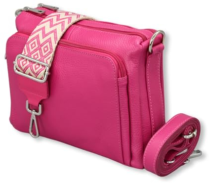 ADEL Umhängetasche Damen Echtes Leder Becky Handgemachte Crossbody Bag 5 Fächer Schultertasche mit Ledergurt + Breitem Gemustertem Riemen Verstellbarer Gurt Made in Italy (Pink)