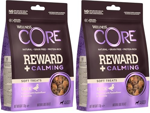 Wellness CORE Reward+ Ente & Kamille, 170 g, sanfte Hundeleckerli zur Belohnung, ohne Zuckerzusatz, getreidefrei, mit hohem Fleischanteil, fördert die Beruhigung deines Hundes (Packung mit 2)