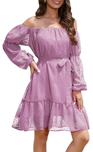 LAZIRO Damen FrüHling Und Herbst Feste Farbe Elastische Einzeilige Kragen Mit Futter GüRtel TräGerlos Sweet Fresh Chiffon Bubble Sleeve Kleider