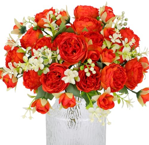 Hobyhoon 4 Bunches Peonies Artificial Flowers for Decoration Faux Roses Fake Bouquet Real Touch Silk Flores Artificiales for Vase Wedding Home Décor (Orange red)