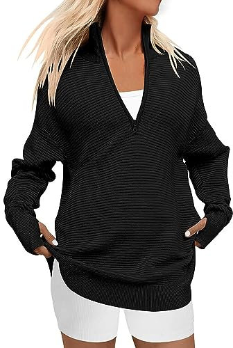 Generisch Hoodie Damen Oversize, Damen-Sweatshirt, langärmelig, halber Reißverschluss, V-Ausschnitt, Kragen, Lässiger Geschwungener Saum, Pullover mit Daumenloch, Ausgehöhlter Pullover Sweatshirts