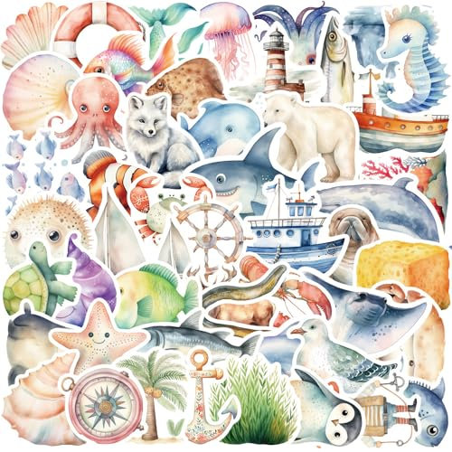 PRETTYSUNSHINE Meerestiere Sticker Set 50 Stück, Niedliches Aufkleber Sticker für Laptop Macbook Kindle Fahrrad Koffer Helm Skateboard Auto Motorrad Stickerbomb Wasserfest Meeresleben Deko