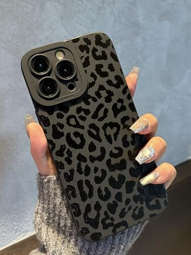 Jusnfu for iPhone 12 Pro Max Case 6.7 Inch 2020, Aesthetic Leopard Cheetah Print Phone Case for Women Girls Men, Silicone Protective Phone Cover for iPhone 12 Pro Max, Black Leopard