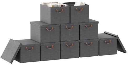 WOLTU Foldable Storage Boxes Set of 10, Fabric Storage Cubes with Metal Frame, Storage Baskets with Lid and Handles, Clothes Organisers for Wardrobe, Study, Children's Room, Bedroom, Grey, 48x36x30cm