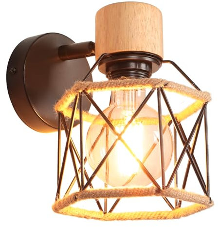 iDEGU Applique Murale Industrielle Design Cage en Métal Lampe Murale Bois et Chanvre Décoration Ajustable Vintage Luminaire Interieur pour Chambre Couloir Salon, 15CM (Style Corde de Chanvre)