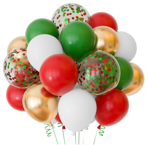 NEBURORA 60 Stück Luftballon Set für Weihnachtsfeiern 12 Zoll weihnachts Konfetti Luftballons in Rot, Grün, Weiß und Gold mit Bändern für die Weihnachtsfeier Dekoration