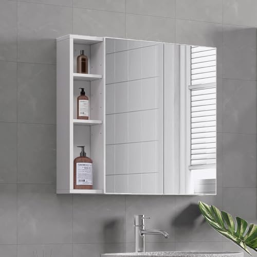 Yaheetech Wall-Mounted Mirror Storage Unit with 3 Open Side Shelves, White | 2-Door Enclosed Compartment, Height-Adjustable Interior, Slim 15 cm Depth, E1 Painted MDF
