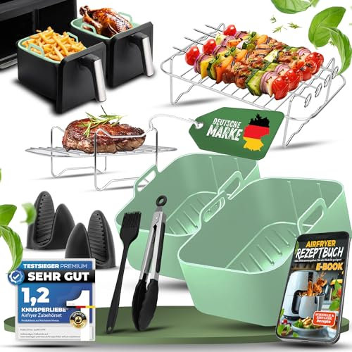 KNUSPERLIEBE® Ninja Heißluftfritteuse Zubehör Set 12-teilig für Airfryer, Ninja Foodi AF300, AF400,AF451, Double Stack 7,6L-9.5L und Dual Zone Air Fryer, BPA-Frei | Air Fryer Accessories inkl. E-BOOK