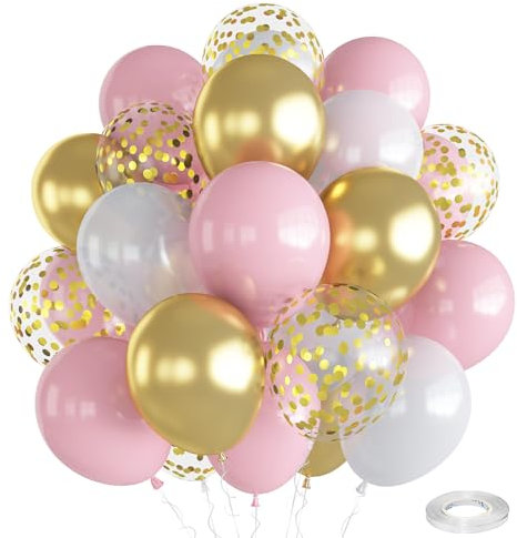 Rosa Weiß Gold Luftballons, 12 Zoll Pastell Rosa Weiß Metallic Gold Konfetti Latex Ballons, Geburtstag Party Luftballons Set für Mädchen Babyparty Geburtstagdeko Hochzeit Party Dekorationen