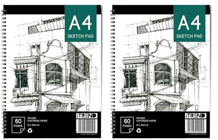 iTrend A4 Artist Sketch Book - Spiral Sketchbook - White Cartridge Art Drawing Paper - A4 60 Pages Sketch Pad - 140GSM Cartridge Paper - 21 x 29.5cm - Pack of 2