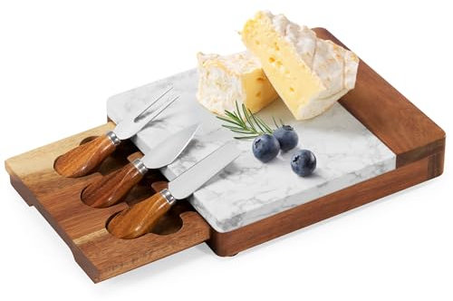 Premium Käsebrett aus Akazienholz mit Marmor-Oberfläche – inkl. Käsemesser-Set – Elegantes Charcuterie Board für Käse, Antipasti & Weinabende (Weiß)
