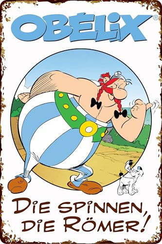 LUCKYLINDE - Retro Blechschild, ASTERIX und OBELIX, französiche kult Comic Serie, Deko Schild, 20 x 30 cm (Obelix & Idefix, Die spinnen die Römer)