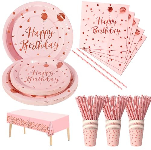 Nkaiso Party Tableware 121Pcs Pink and Rosegold Happy Birthday Theme Kids Birthday Decoration Party Accessories Set Includes Paper Plates Napkins Cups, for Party Supplies-24 Guests