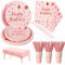 Nkaiso Party Tableware 121Pcs Pink and Rosegold Happy Birthday Theme Kids Birthday Decoration Party Accessories Set Includes Paper Plates Napkins Cups, for Party Supplies-24 Guests
