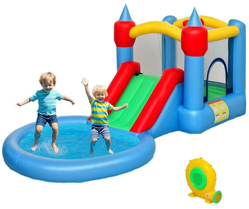 AIYAPLAY Château Gonflable avec soufflerie 4 en 1 Structure Gonflable, toboggans, Trampoline, Panier de Basket, Piscine à balles, pour extérieur et intérieur, jusqu'à 3 Enfants 3-8 Ans