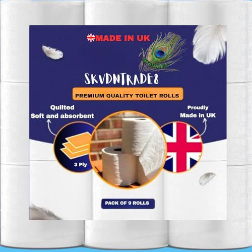 9 Rolls Toilet Paper | 3-Ply Quilted Bulk SKVDNTRADE8 Toilet Tissue | Large 11.5 x 10.5cm Sheets | Soft, Strong, Biodegradable | Bulk Buy Bathroom Tissue | Flushable & Septic Safe | Made in UK
