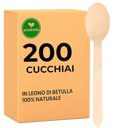 ecodrinks - 200 Cucchiai in Legno di Betulla - Biodegradabili e Compostabili - Design Rustico e Resistente - Per Feste, Eventi, Catering, Ristorazione, Uso Domestico - 16cm
