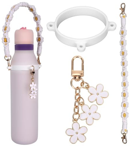 lasuroa Water Bottle Handle Charm Strap, Handle Strap and Charm Set for Owala Keychain Carrying Chain Cup Sleeve Included Compatible with Owala 24/32/40oz Water Bottle Decorations (White)