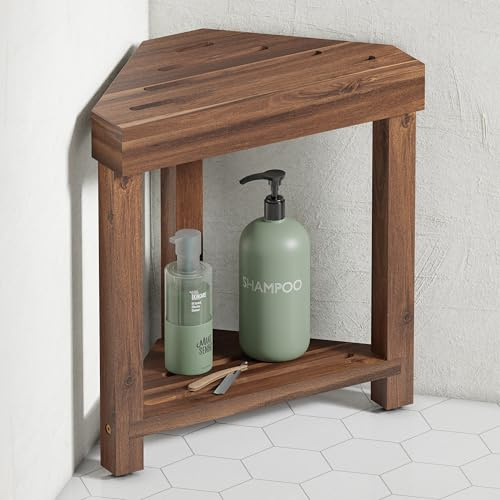 BLUEWEST Shower Foot Stool for Shaving Legs, Acacia Wood Bathroom Foot Rest, Stable Corner Step Stool for Inside Shower, Shower Bench, Compact for Small Shower Spaces (Walnut)