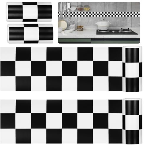 4 Rolls Black White Car Checkered Wallpaper Border, 7.9 Ft Peel and Stick PVC Wall Decal for Kitchen, Bathroom, Vehicle Décor, Easy Cut and Mount