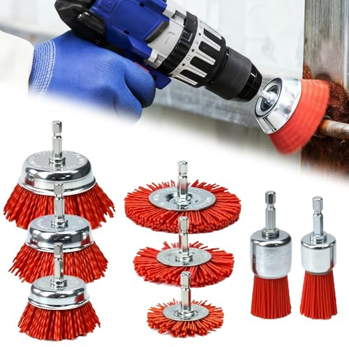 Zuxbolf Nylonbürste Set 8-tlg mit 1/4 Zoll Sechskantschaft | 8 Größen Scheiben-, Topf- und Pinselbürsten zum Entfernen von Rost, Farbe und Korrosion auf Metall, Holz und Stein