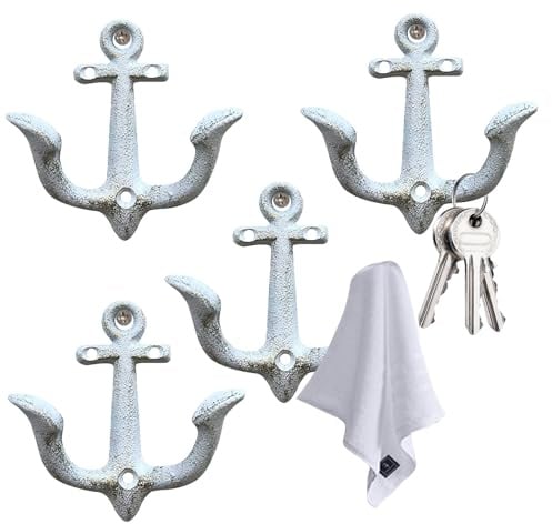 Notakia Lot de 4 crochets muraux décoratifs en métal antique shabby chic pour la maison, la salle de bain, les serviettes, les manteaux, les crochets muraux en fonte rustique (blanc)