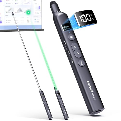 Norwii N21 Bluetooth Präsentationsfernbedienung mit Ausziehbarer Zeigestab | ①USB-A Wireless Fernbedienung Präsentation②Presenter Klicker mit Grüner Laserpointer③Remote Clicker mit Touchscreen Schreiben