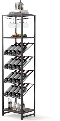 COSTWAY Weinregal für bis zu 16 Weinflaschen, Flaschenregal Metall, Weinständer mit 2 Reihen Glashaltern & offenen Regalen, Flaschenständer Flaschenhalter stehend, Kellerregal schmal, schwarz