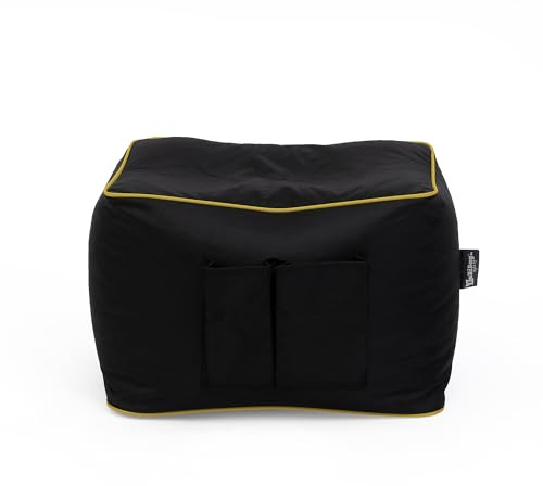 BuBiBag Sitzsack Hocker Rechteckig gefüllt 35x50x40 cm – Gaming Sitzwürfel mit Seitentaschen – Robuster Fußhocker Indoor & Outdoor – Schwarz mit farbigem Rand (10 Farben) (Schwarz - Gelb)