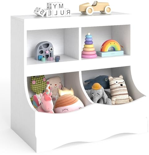GYMAX Kids Bookshelf and Toy Organizer, Wooden Children Bookcase with Compartments and Shelves, Toys Storage Unit for Living Room Playroom Nursery (White, 67x40x62cm)