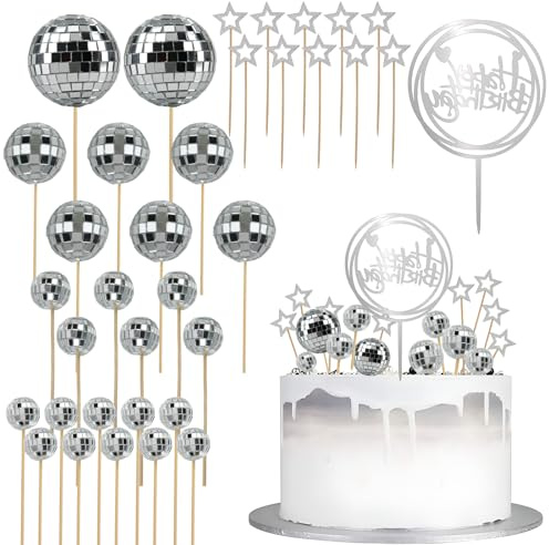 SJUNJIE 35 Pezzi Sfera Discoteca Torta Palle Discoteca Decorative | Palla Discoteca Torta Argento Palla da Discoteca Scintillanti Sfera per Decorazione Della Festa a Tema Compleanno Musica