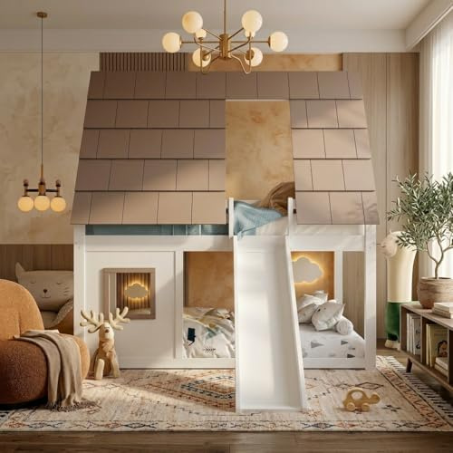 Yihomfy Lit Superposé Maison en Bois 140x200 cm avec Toit, Échelle, Glissière, Garde-Corps, Blanc et Brun (Marron + Blanc + MDF + Pin + Contreplaqué + 140 cm x 200 cm)