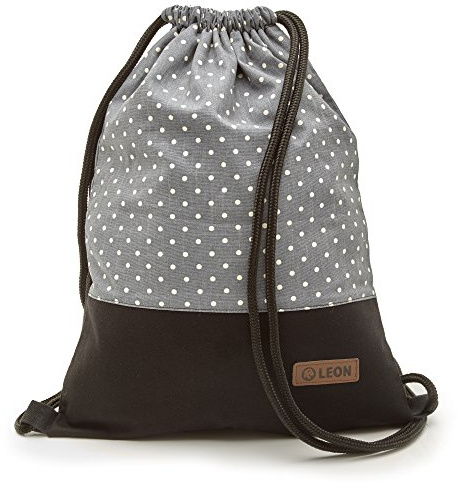 By Bers LEON Turnbeutel mit Innentaschen Rucksack Tasche Damen Herren & Teenager Gymbag Gymsack (Dots_GrauWeiß_SchwarzStoff)