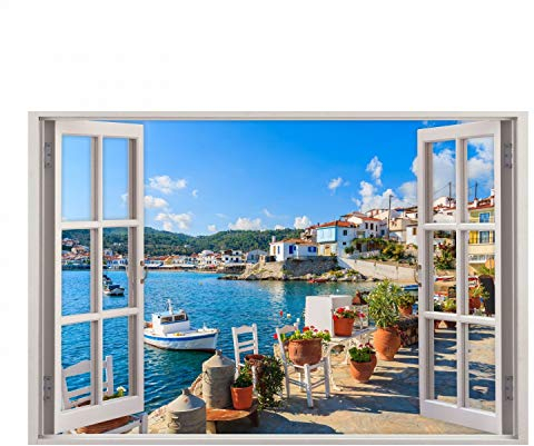 154 Wandtattoo Fenster - Mediterran Mittelmeer Toskana - in 5 Größen - Wandbild Wohnzimmer Schlafzimmer Küche Esszimmer Wanddeko - Größe 750 x 500 mm
