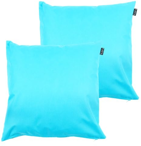 Bean Bag Bazaar Outdoor Cushions Filled, Plain Collection, Aqua Blue, Set of 2, 43cm x 43cm, Water Resistant, Blue Outdoor Cushions for Garden Furniture, Garden, Patio