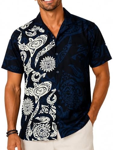 King Kameha Hawaiihemd Herren Kurzarm - Grünes Hawaii Hemd Männer Maori - Hemd Herren Kurzarm Hawaii Outfit - Hawaiian Shirts for Men - Maori, Black