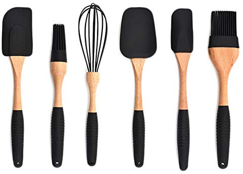 Silicone Kitchen Utensil Sets Stainless Steel Cooking Utensil Set, Homemade Cake kitchenware Heat Resistant and Nonstick Cooking Gadgets Tool Black1 6pcs