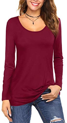 Florboom Women Casual Shirt Scoop Neck Long Sleeve Basic Tee Claret 16 18