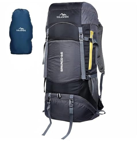 TRAWOC 65L Reiserucksack Wandern Trekking Tasche Camping Rucksack Regenschutz/Schuhfach HK009 1 Jahr Garantie, Schwarz, XL, Modern