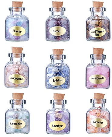 Cheriswelry 9pcs Mini Gemstone Wishing Bottles Crushed Chips Stone Set for Jewelry Making Home Decoration
