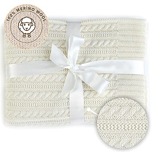 MIRARI Kids Babydecke, gestrickt, 100 Merinowolle, Strickdecke, 75 x 100 cm, warme Decke, Ecru